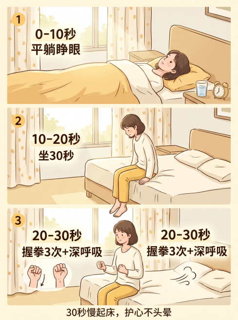 明亮温馨的卧室早晨场景，阳光透过窗帘。一个三格分镜：第一格，一位女性躺在床上，睁开眼睛，旁边写"0-10秒 平躺睁眼"；第二格，她缓缓坐起，双腿垂在床边，写"10-20秒 坐30秒"；第三格，她双手握预览效果