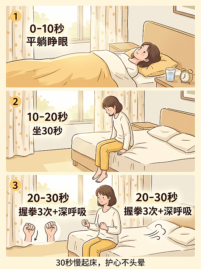 明亮温馨的卧室早晨场景，阳光透过窗帘。一个三格分镜：第一格，一位女性躺在床上，睁开眼睛，旁边写"0-10秒 平躺睁眼"；第二格，她缓缓坐起，双腿垂在床边，写"10-20秒 坐30秒"；第三格，她双手握拳再松开，写"20-30秒 握拳3次+深呼吸"。背景有床头柜、温水杯、小闹钟。整体色调暖黄、米白，柔和明快。画风为手绘插画风格，清晰直观。画面下方写一行小字"30秒慢起床，护心不头晕"