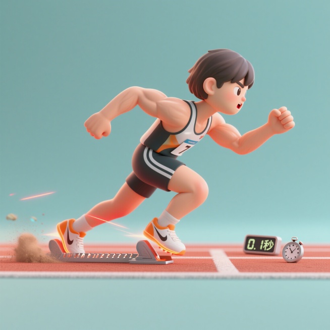 趣味3D插画风格，C4D渲染，OC渲染，Blender建模，柔软光线，马卡龙色系，极简纯色背景，泡泡玛特盲盒质感，光滑黏土材质，影棚打光，8k分辨率，超细节，人物居中半身，短跑起跑瞬间，一位精悍敏捷年预览效果