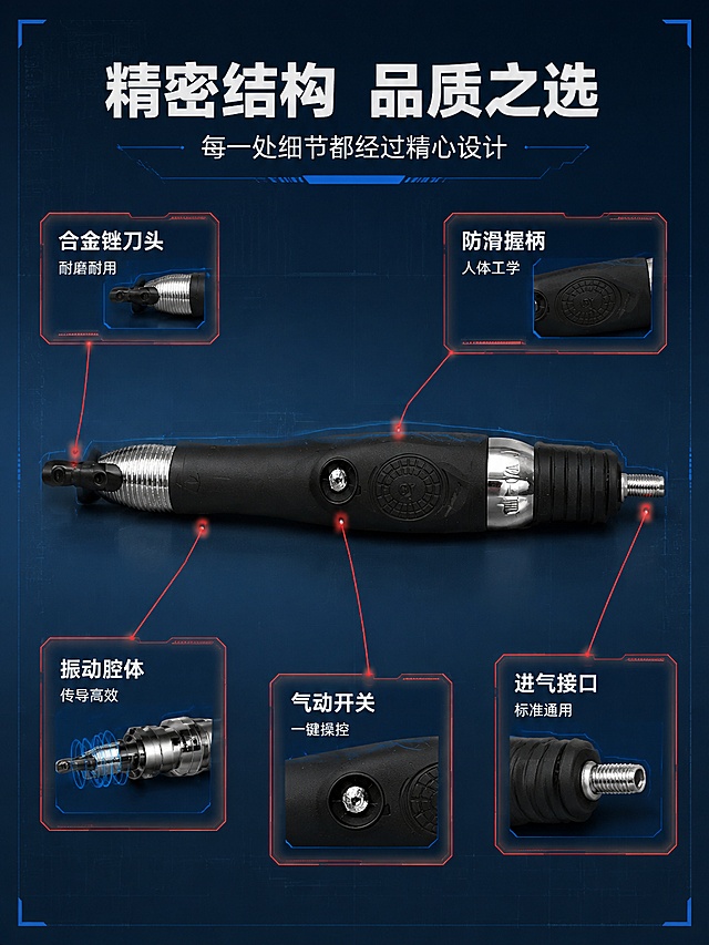 [第4屏] 结构材质拆解-超声波气锉核心部件解析。本屏使用【图1】作为产品主体，进行结构标注展示。
[氛围/风格] 工业科技风，结构解析风，专业工程图纸质感，商业摄影质感。
[元素布局] 产品机身横向居中展示，占比约50%，机头朝左、尾部朝右；从产品各关键部位引出红色标注线指向四周说明区；标注部位包括：前端合金锉刀头、振动传导腔体、防滑橡胶握柄、气动开关按钮、尾部进气接口；产品物理结构、颜色、材质与输入图一致。
[光影质感] 正面均匀柔光照明，金属部件高光清晰，整体明亮通透，突出结构细节。
[配色色系] 全局底色 #1A2C4A 深蓝灰；主色银灰色；辅助色标注红 #F44336、科技蓝 #64B5F6。
[视角构图] 正面平视，产品居中，四周标注环绕，阅读动线从中心向四周扩散。
[文字版式] 顶部主标题「精密结构 品质之选」，副标题「每一处细节都经过精心设计」，居中白色粗体；每个标注线末端配说明文字框：「合金锉刀头 耐磨耐用」「振动腔体 传导高效」「防滑握柄 人体工学」「气动开关 一键操控」「进气接口 标准通用」；文字清晰，字号适中，不遮挡产品主体。
[比例分辨率] 3:4竖版比例，4K分辨率，文字清晰可辨，高清画质。
[负向提示词] 机身变形，缺件错件，结构错误，颜色偏差，水印，文字错乱，标注线混乱。