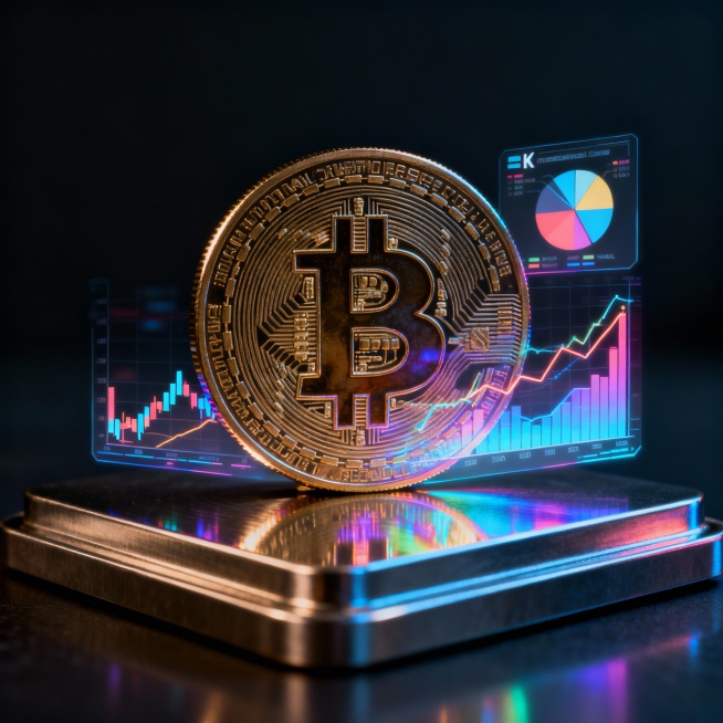 Premium bitcoin coin standing on metallic platform, financial charts hologram, dark luxury backgroun预览效果