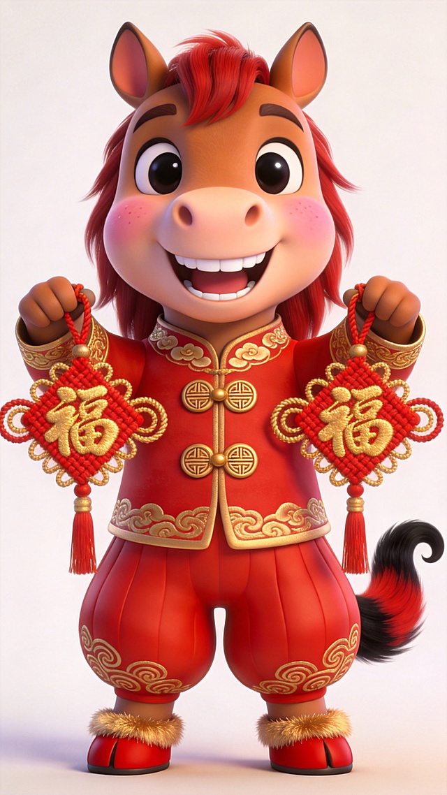 软3D风格的拟人化小马，身着国潮风红色唐装，手持刺绣“福”字挂饰，鎏金纹样点缀，喜庆感十足，卡通感满满，传递新春祝福。