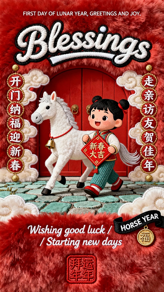 毛绒布上刺绣的2026马年初一海报