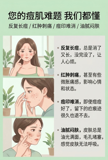 痘肌痛点直击海报，不展示产品，主标题“你的痘肌难题 我们都懂”，副标题“反复长痘 / 红肿刺痛 / 痘印难消 / 油腻闷肤”，左侧为柔和插画形式的不同痘肌问题场景包含红肿痘、闭口、痘印，右侧为分点列出预览效果