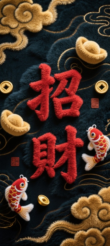 国潮风毛绒发财壁纸，深色毛绒背景搭配金色毛绒祥云纹样，中央是苍劲有力的繁体字红色刺绣“招财”二字，两侧对称摆放毛绒元宝和毛绒锦鲤，角落点缀小型毛绒印章图案，融合传统吉祥元素与柔软毛绒质感。预览效果