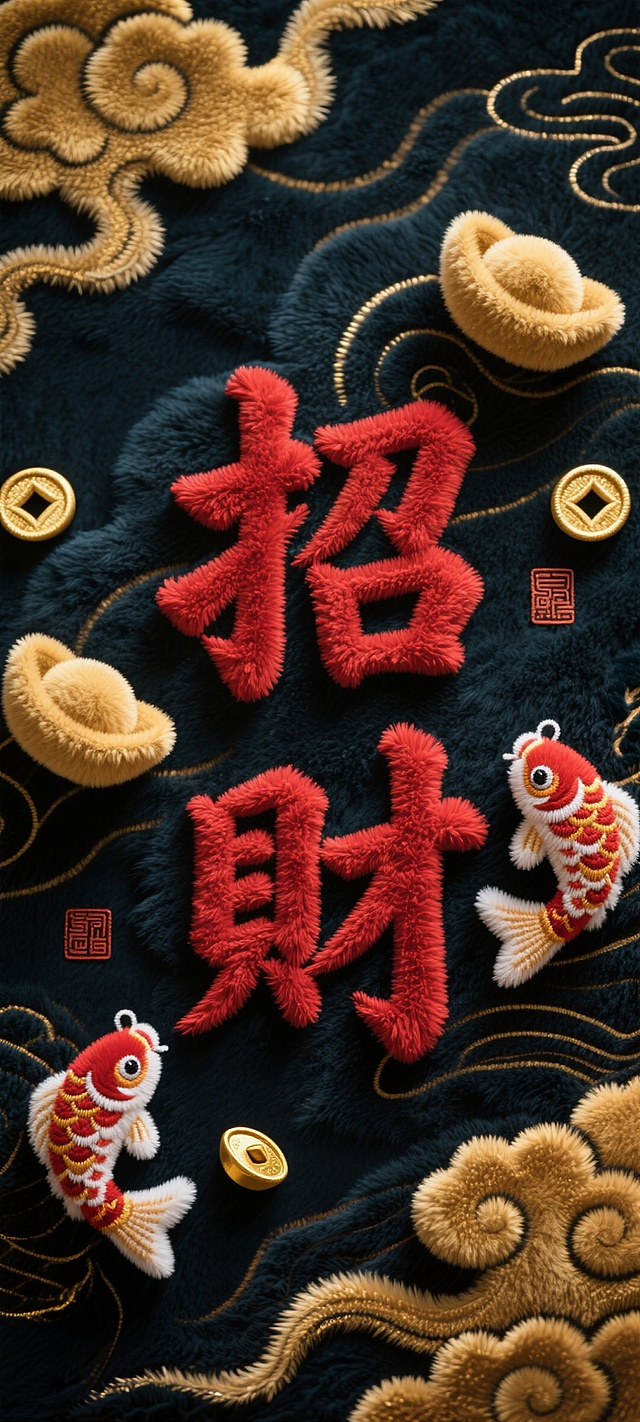 国潮风刺绣质感，毛发生长纹理融合重拟物设计，大字“招财”跃然其上，金鱼、元宝、祥云环绕，极繁主义呈现中式喜庆复古韵味。