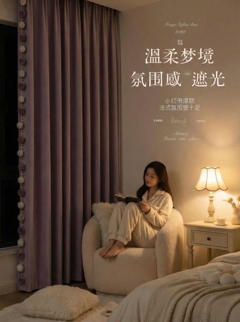 不改变窗帘的面料材质，切换不同的家装场景（最好是少女风奶油风），要求是在昏暗的室内，展示窗帘的遮光效果很好，改变角度，保留文字，一次生成4张；（遮光度）预览效果
