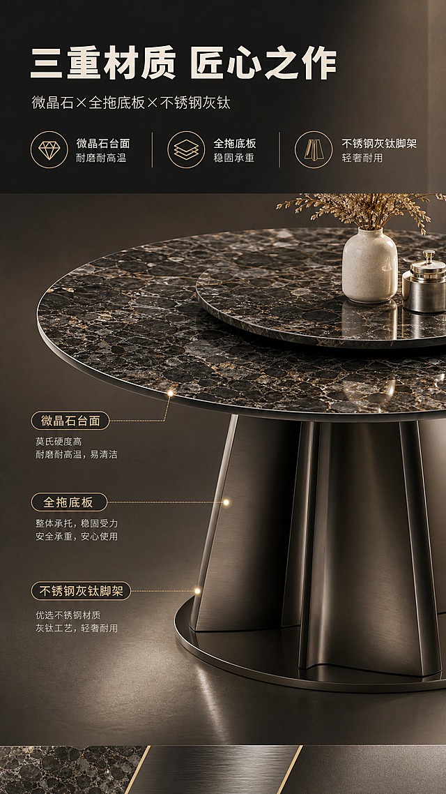 [商品] 使用【图1】意式轻奢微晶石圆形餐桌；保留圆形桌面、深色微晶石纹理、不锈钢灰钛锥形三脚支架、全拖底板结构；增强材质对比质感，不改变产品结构与比例。
[画面] 目标：设计美学页，展示三重材质混搭的高级感。构图：上文下景，顶部1/4文案区，下方3/4产品特写。主体：餐桌45度角特写，聚焦台面与脚架连接处，展示微晶石、全拖底板、不锈钢灰钛三种材质的碰撞。产品占画面约65%，中景特写，背景为纯色渐变+材质纹理点缀。
[视觉] 套系策略：风格=意式轻奢高级商业摄影；标题字=现代简约粗黑体；正文字=纤细无衬线体；主色=深灰黑+暖棕；背景延展=基于深灰黑与暖棕做深浅层级、同色渐变和细腻石材/金属质感；强调色=香槟金，仅用于小面积图标、引线和标签；标题色=米白色；正文色=浅暖灰；组件=细线信息卡、金属质感引线、圆角标签；光影=侧方暖柔光，突出材质纹理与反光。
[文字] 顶部文案区：主标题"三重材质 匠心之作"，副标题"微晶石×全拖底板×不锈钢灰钛"，下方三个材质图标配文字"微晶石台面 耐磨耐高温""全拖底板 稳固承重""不锈钢灰钛脚架 轻奢耐用"；底部材质纹理装饰条。文字横排，层级清晰。
[规格] 图片比例9:16竖版，4K，避免变形、错字、文字过小、冷蓝背景、产品颜色改变、结构失真、出现平台Logo水印。