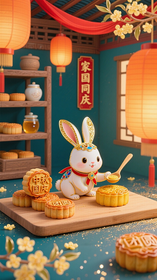 3D卡通拟人兔手持金勺，置身中式庭院，鎏金浮雕月饼与红灯笼烘托喜庆氛围，融合中秋国庆双节主题，尽显中式美学与节日欢愉。