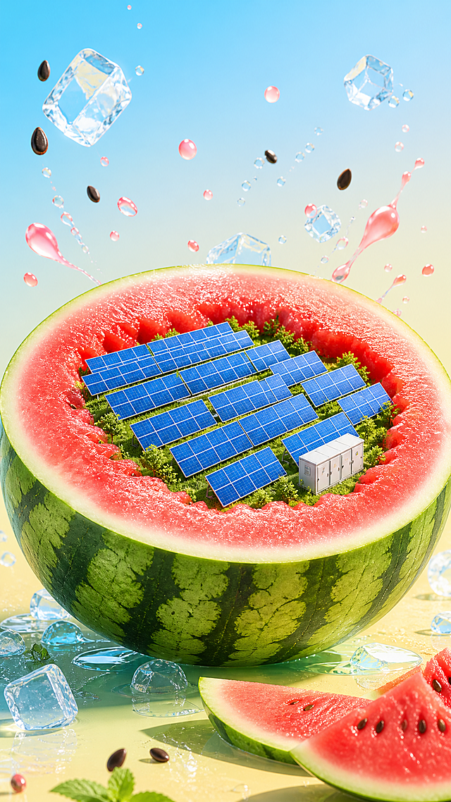 夏季水果创意插画，9:16竖版海报构图。主体是一片切开的西瓜，位于画面中央，瓜皮翠绿带条纹。西瓜中间挖开一块瓜瓤，凹陷处是一个微型光伏发电场，蓝色光伏板整齐排列。上方区域点缀西瓜籽、碎冰和淡粉色水滴。背景为淡蓝色到浅黄色的清新渐变。氛围清爽明亮、夏日感强。