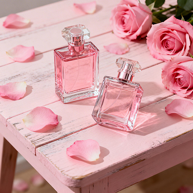 电商主图，2个粉玻璃香水瓶组合摆放在浅粉色木纹桌上，搭配粉色玫瑰花瓣，柔和粉调光影，花香甜美风格，画面无文字，突出香水瓶，正方形构图。