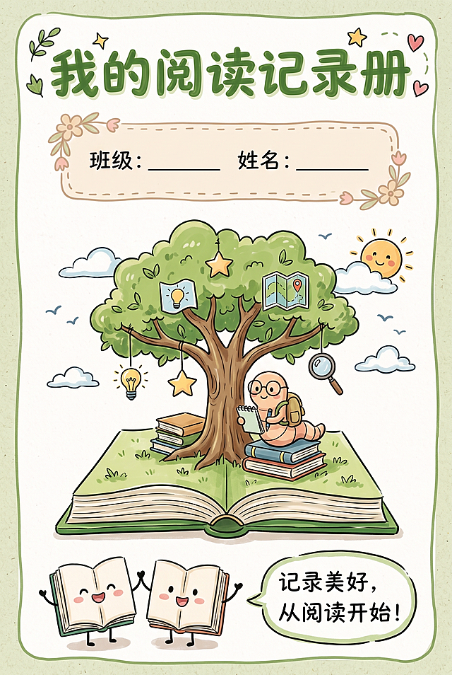 我的阅读记录册封面，马克笔风格简笔画，参考示例图片的手绘风格，换全新设计，画面顶部写大标题"我的阅读记录册"，下方预留出填写班级和姓名的位置，整体风格清新可爱，尺寸A4（210*297mm）
