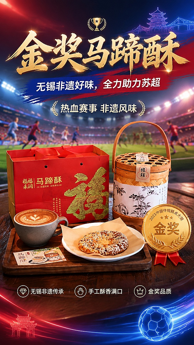 商业宣传海报，热血赛事风，突出助力苏超主题，美食赛事融合。前景摆盘精致无锡马蹄酥，金奖荣誉奖牌置于糕点一侧，100%还原上传商品图的产品外形、包装、LOGO、印刷文字、净含量，以上传图为唯一商品主体来源，完整保留原图中的盒型、轮廓、结构、比例、标签版式、品牌 logo、口味文字、材质质感、颜色与正面朝向，包装、配色、产品结构均与上传图保持一致。背景淡虚化足球赛场，蓝色红色渐变赛场光影，搭配简约苏州足球元素线条；暖黄糕点柔光搭配赛场动感光影，撞色高级，高清质感，干净构图，景深效果，版式精美。预留文字：主标题"金奖马蹄酥"，副标题"无锡非遗好味，全力助力苏超"，装饰文案"热血赛事 非遗风味"，卖点"无锡非遗传承""手工酥香满口""金奖品质"，画面比例9:16