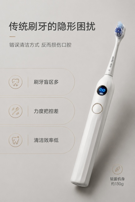「图片1」### 第1屏：品牌主视觉KV屏
严格还原上传的产品图，包括机身哑光白色竖棱设计、圆形彩屏、金边圆形按键、刷头造型、品牌标识等所有细节，产品尺寸比例保持1:1，带刷头整机重量约130g；2:预览效果