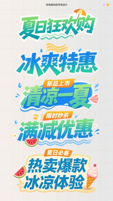一组适用于电商场景的夏日主题创意艺术字体设计，保持原图中具有力量感的粗体书法笔触与现代无衬线字体相结合的设计风格，将主色调改为清爽明亮的渐变蓝绿色系（如薄荷绿、天空蓝、海水蓝）并搭配活力橙黄色作为点缀，整体色彩呈现夏日清凉感。字体保留原图中的立体光影效果、锐利边缘与笔画末端的动感飞白设计，融入夏日元素如：波浪线条、水滴、西瓜纹、冰淇淋、太阳伞、沙滩等图形作为字体装饰或背景纹理。排版采用整齐的网……预览效果
