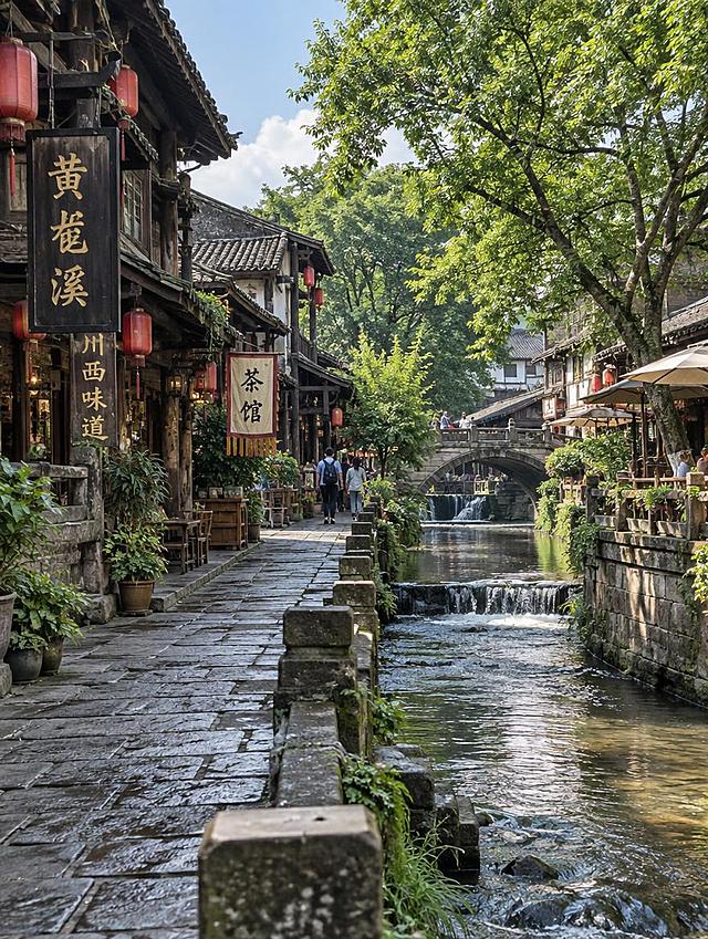 黄龙溪古镇高清实拍风景图，成都慢生活，川西古镇，溪水古街，青石板路，古建筑，真实摄影质感，纪实质感，3:4竖版构图