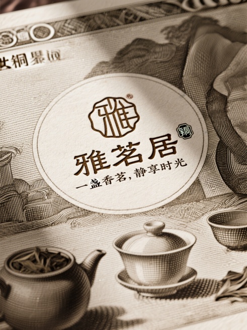 茶叶品牌logo设计，主标题"雅茗居"采用古朴仿篆书风格，副标题"一盏香茗，静享时光"采用瘦金体小字，结合复古图章、徽章排版形式，文字错落有致，简约高级，杰作，大师作品预览效果