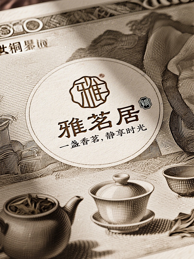 茶叶品牌logo设计，主标题"雅茗居"采用古朴仿篆书风格，副标题"一盏香茗，静享时光"采用瘦金体小字，结合复古图章、徽章排版形式，文字错落有致，简约高级，杰作，大师作品