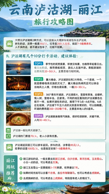 云南泸沽湖-丽江旅行攻略图，小红书竖版，包含以下全部文字内容不能省略，要求字迹清晰不能模糊扭曲：
大理去泸沽湖有2种方式，可以直接从大理拼车或者包车去泸沽湖，拼车的话，淡季一般是160/人，旺季是20预览效果