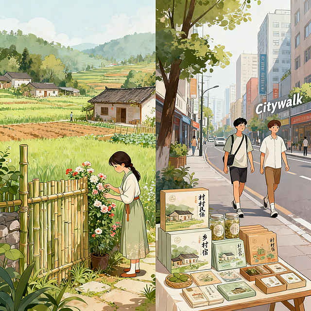 清新插画风格，画面融合田园与都市元素：左侧是李子柒风格的田园场景，少女在竹篱小院摘花；右侧是城市里年轻人Citywalk，旁边摆放着乡村主题民宿的文创产品，整体色调柔和，传递土地的浪漫治愈感