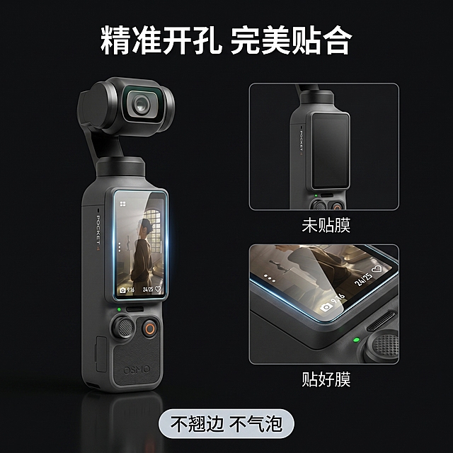 [主图 3] 大疆pocket4钢化膜贴附效果展示图
[氛围风格] 简约高级科技风，整体风格和首图保持完全统一
[画质] 商业摄影质感、光线柔和通透、产品清晰真实、画面干净高级
[元素] 采用画中画对比版式，左侧大图展示贴好钢化膜后的大疆pocket4整体屏幕效果，右侧分两个小图分别展示：上方小图为钢化膜未贴的裸屏状态，下方小图为贴好钢化膜后的细节特写，凸显钢化膜边缘完美贴合，无气泡无翘边。保持大疆pocket4运动相机外观与输入产品图绝对一致，杜绝变形色差。商品主体清晰突出，整体排版有对比层次。
[光影] 保持和首图一致的冷光高对比光影，屏幕区域光线均匀清晰，边缘高光自然。
[配色] 主色调深灰科技黑，整体配色风格统一。
[视角构图] 平视对比构图，左侧大图画中画右侧两小图，构图均衡，对比明确。
[文字版式] 顶部主标题「精准开孔 完美贴合」粗体居中，两个小图下方分别标注「未贴膜」「贴好膜」，底部圆角胶囊标注「不翘边 不气泡」浅底深字。
[比例分辨率] 1:1 比例，2k 分辨率；文字清晰锐利，画面超高清。
[负向提示词] 变形，水印，文字错乱，产品图模糊，背景杂乱