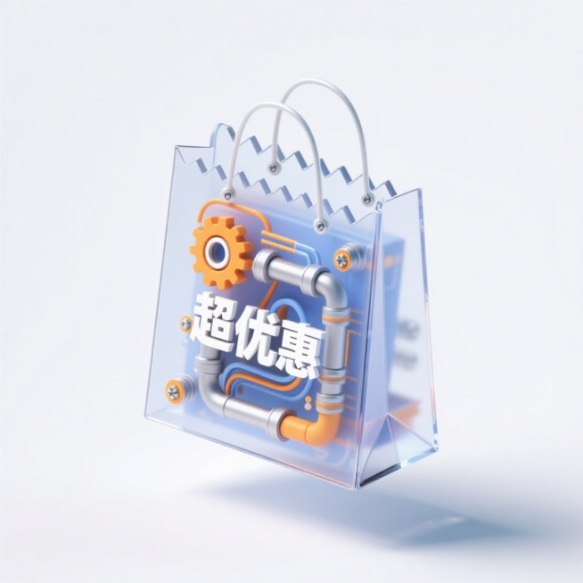 一个悬浮的长方形锯齿状外壳（包含复杂机械机构）的购物袋，文案“超优惠”，复杂机械机构元素包含了齿轮、管道、螺丝、电线等元素，白色背景预览效果
