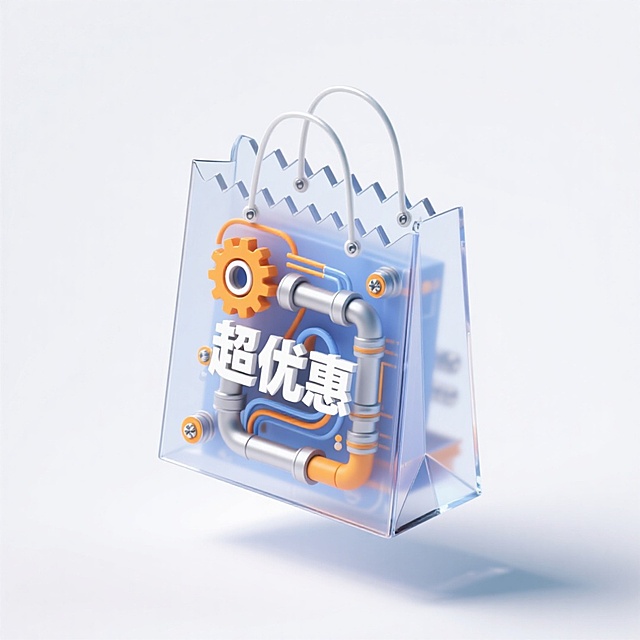 透明玻璃质感购物袋融合金属管道与齿轮，3D立体设计展现未来科技感，清透材质搭配工业风元素，突显“超优惠”主题。
