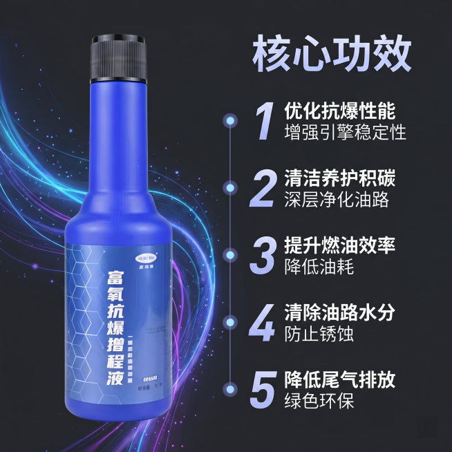 [主图 2] 富氧抗爆增程液核心功效展示主图。
[氛围风格] 流体科技燃油风，透明蓝紫渐变，专业科技质感；整体风格光影与首图保持完全统一；
[画质] 商业摄影质感、光线通透立体、产品清晰真实、画面干净预览效果