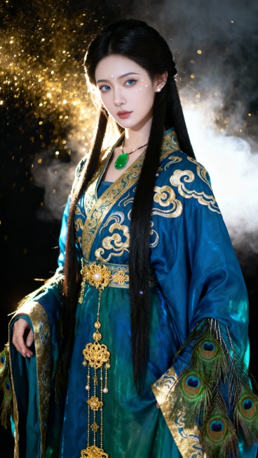 真人写实摄影，少女，妖冶，达尔丁效应，瓜子脸，冷白皮，蓝色战国袍，华丽，多装饰，长头黑发，脖子上挂着一块绿色的玉佩预览效果