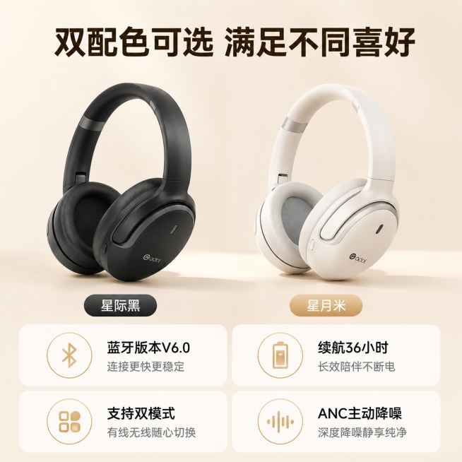 「图片1」「图片1」「图片1」，生成电商主图（5张），商品名称是头戴式降噪蓝牙耳机专业音频沉浸聆听，卖点是升级蓝牙V6.0芯片沉浸式环绕音效游戏音乐低延迟，有线无线双模式，适配抖音平台，主图比例为1:预览效果