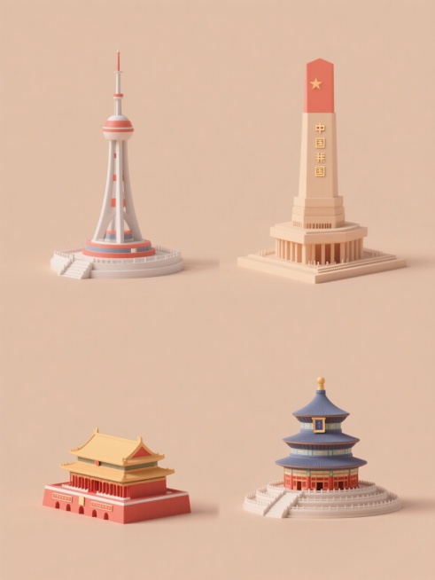 一套4个规整排布的3D质感素材，每个素材分别展示不同造型样式的国家地标建筑，采用纯色背景，无任何文字、logo和水印，整体呈现简洁现代的设计感预览效果