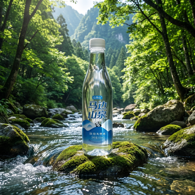 [主图 1] 马边山泉饮用天然水首图，将瓶子放置在一片郁郁葱葱的森林中，周围是覆盖着青苔的岩石和潺潺流动的小溪，背景是高耸的山脉和茂密的树林，阳光透过树叶洒下斑驳的光影，营造出一种清新自然、宁静祥和的预览效果