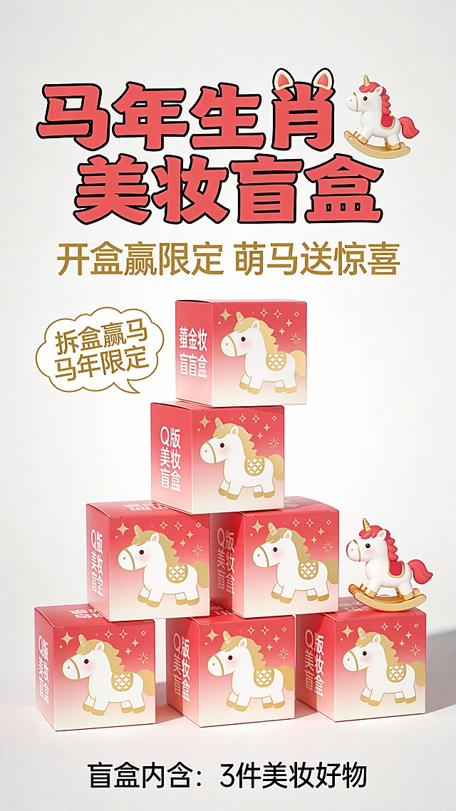 扁平风与软3D结合，拟人化萌马设计，卡通感十足，红色渐变配色营造喜庆氛围，印刷风字体强化节日主题，传递可爱与惊喜并存的马年生肖美妆盲盒创意。