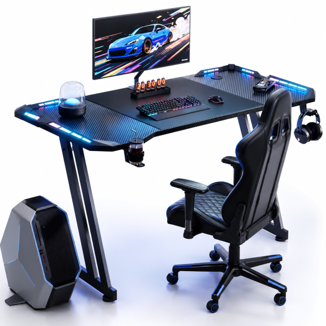 [主图-1] Gaming desk full scene display with RGB LED lights, built-in cup holder and headphone hook. M预览效果