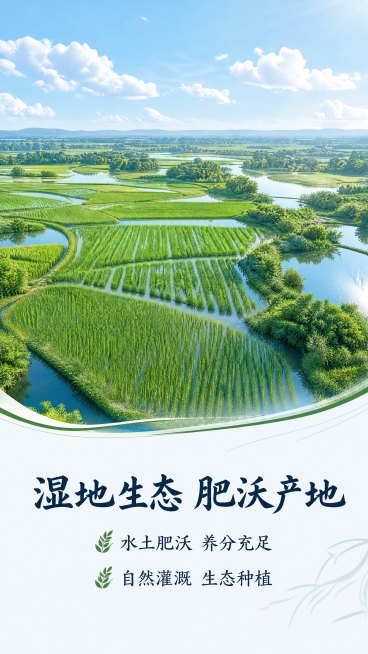 [第3屏] 湿地产地优势展示页，展示含山大米的产地优势，本屏不需要商品主体。
[氛围/风格] 自然原生态氛围，真实湿地稻田风光，自然风光摄影质感，开阔通透。
[元素布局] 画面主体是大片辽阔的湿地水稻预览效果