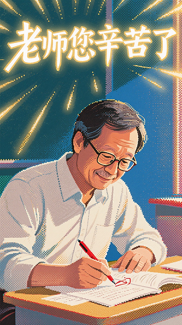 插画风励志海报，大字“老师您辛苦了”闪耀光芒，致敬教师节。