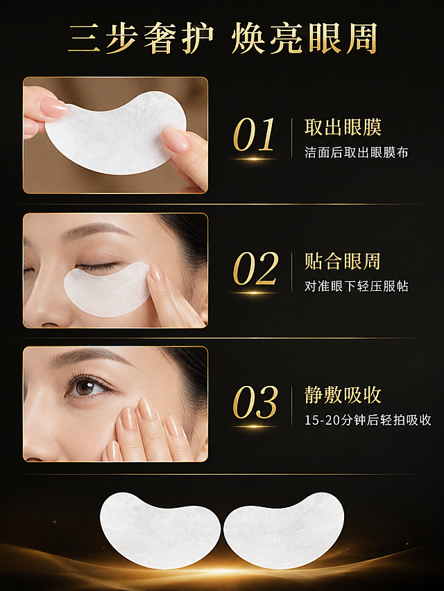 [第6张] 详情页使用步骤页——3步使用方法。本张使用【图2】作为眼膜形态参考。
[氛围/风格] 黑金轻奢风，步骤清晰，仪式感强。
[元素布局] 画面竖向分为3个步骤区域，每区配一张局部小图+步骤说明；第1步：清洁后取出眼膜（展示手捏眼膜布的特写）；第2步：贴合眼周，轻压排出气泡（展示眼膜贴在眼下的侧面视角）；第3步：静敷15-20分钟后取下，轻拍吸收（展示指尖轻拍眼周的特写）；背景为深黑色，每步之间用金色细线分隔；底部中央放一对完整眼膜布剪影。
[光影质感] 每步小图内柔光照明，整体暗调高级，金色分割线有光泽。
[配色色系] 全局底色 #1A1614；主色金色 #C9A96E；辅助色米白、暖肤色。
[视角构图] 竖向三步流，阅读动线从上到下依次阅读。
[文字版式] 顶部主标题「三步奢护 焕亮眼周」，金色大字；每步左侧大号金色数字编号「01 / 02 / 03」，右侧步骤标题+简短说明：01「取出眼膜」——洁面后取出眼膜布 02「贴合眼周」——对准眼下轻压服帖 03「静敷吸收」——15-20分钟后轻拍吸收；字体清晰，移动端可读。
[比例分辨率] 3:4 竖版比例，4K 分辨率，文字清晰可辨，高清画质。
[负向提示词] 祛眼袋文字，医疗化表述，步骤错误，变形，水印，文字过小。