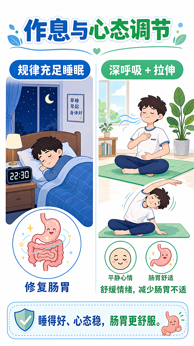 科普漫画，展示作息和心态调节：左侧考生按时睡觉，标注规律充足睡眠修复肠胃；右侧考生做深呼吸拉伸放松，配文舒缓情绪减少肠胃不适，科普风格，清晰排版