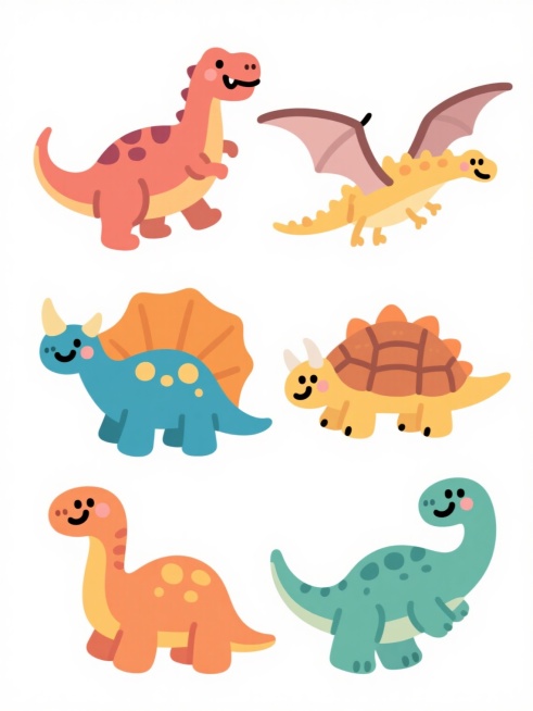 6个不同外貌、不同造型、不同品种的可爱卡通恐龙，采用扁平化矢量插画风格，圆润流畅的线条，鲜亮明快的色彩搭配，每个恐龙拥有独特的颜色和特征，如霸王龙、三角龙、剑龙、翼龙、甲龙、腕龙等，它们表情友好，姿态各异，整齐排列在纯白色背景上，整体构图简洁平衡，充满童趣和活力。预览效果
