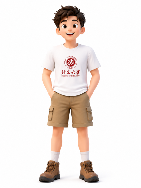 保留原3D卡通风格，去掉背包，生成男大学生正面形象，身穿印有北京大学logo的白色T恤，卡其色短裤，探险风格，白底背景预览效果