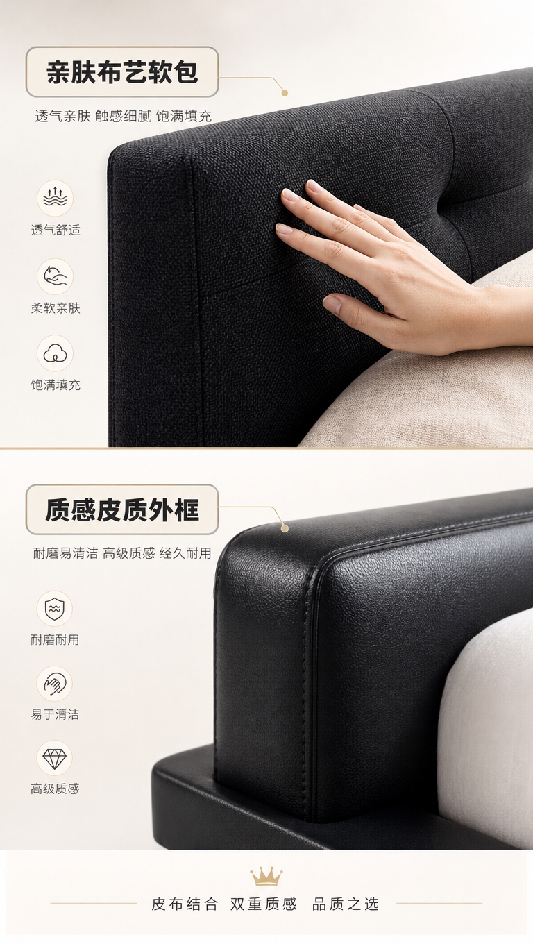 [商品] 使用【图1】黑色意式简约软包床；保留床头高软包设计、… - 图片创意预览