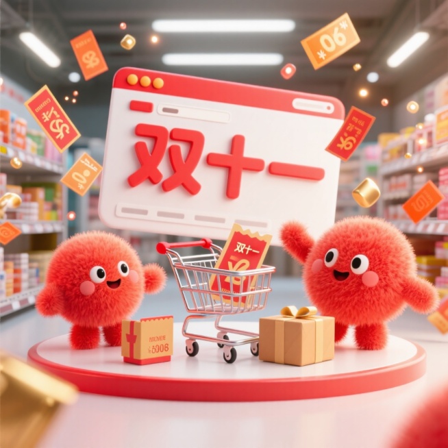 画面中有代表购物的卡通元素，如购物车、优惠券、包裹，还有可爱的拟人化电商平台形象（或卡通购物小人），它们围绕着 “双十一” 相关的促销标识互动。设定在热闹的线上电商界面或线下商场场景，背景有闪烁的促销预览效果