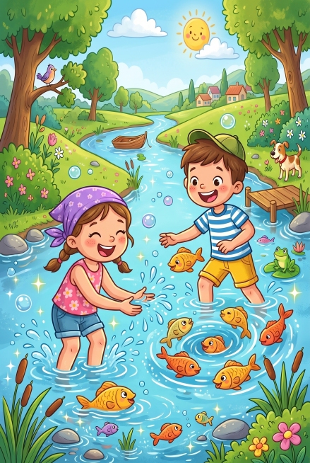 保持卡通风格小孩子在水里捕鱼的画面，充满趣味性和娱乐性预览效果