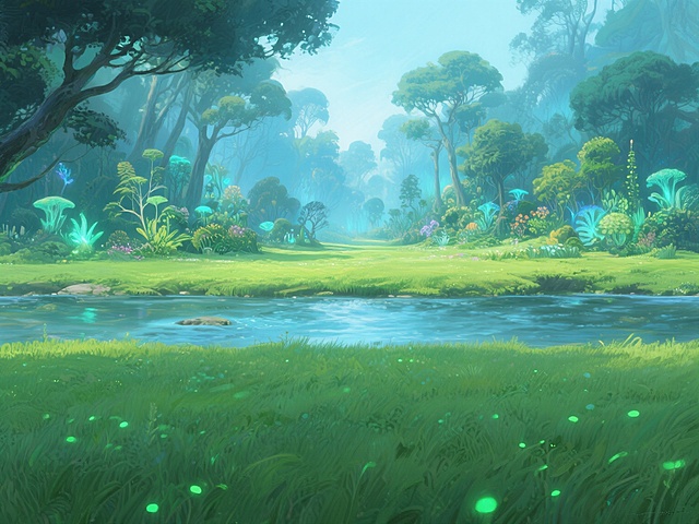 梦幻插画风，清新虚拟自然，超现实主义森林，光影交织，生机盎然。