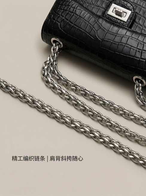 [主图3 金属链条细节展示]，展示黑色鳄鱼皮包包的编织金属链条，特写链条金属光泽和拼接工艺，保留包包部分包身，背景为柔和的米灰色纯色背景，光影突出金属质感。画面文案“精工编织链条 | 肩背斜挎随心”，预览效果