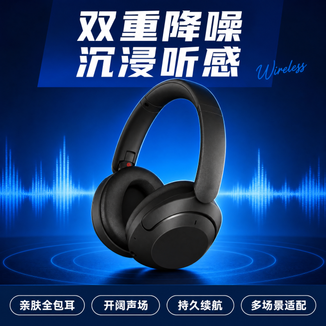 [单张主图] 黑色头戴式无线蓝牙耳机，抖音爆款促销感主图，强视觉冲击高清实拍，主打场景化口语化痛点，突出产品核心优势吸引点击转化。
[画面主体] 黑色头戴式蓝牙耳机，保持产品外观、物理结构、材质质感、预览效果