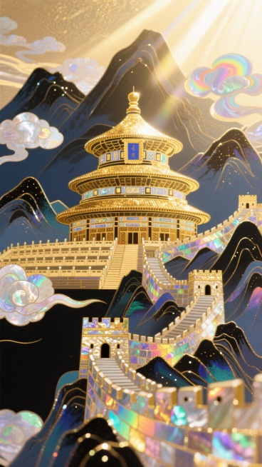日漫风格，金色北京地标（天坛、故宫、长城）山脉串联，四周有少量祥云元素预览效果