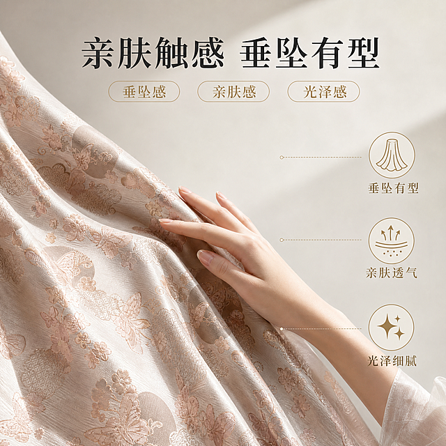[主图-2] 面料亲肤触感与垂坠质感展示，突出面料手感与穿着体验。
[统一基调] 新中式国风高级质感，米白浅灰渐变背景搭配柔和暖调自然光，主标题用深墨色衬线体，辅助文字用浅金色，整体干净雅致有留白，光源从左上45度入射。
[画面] 浅粉色蝴蝶提花面料自然垂挂，一只纤细的女性手背轻轻抚摸面料表面，指尖轻触提花纹理，体现亲肤触感，面料呈现自然垂坠弧度，褶皱流畅优美，背景为简洁的浅米色空间，光线柔和。画面右侧用细线引出三个小图标分别标注"垂坠有型""亲肤透气""光泽细腻"。
[光影质感] 柔和自然光，面料表面有温润光泽，提花凸起部分有高光，凹陷处有柔和阴影，手部光影与面料一致，整体温暖舒适。
[配色] 主色裸粉+米白，点缀浅金，背景暖米灰，整体柔和雅致。
[文字版式] 顶部居中主标题"亲肤触感 垂坠有型"深墨色衬线体，下方三个胶囊标签横向排列分别写"垂坠感""亲肤感""光泽感"，文字放在画面上方负空间。
[输出要求] 1:1正方形，2048x2048，文字清晰，面料纹理清晰，手部自然无畸形，无变形错字模糊水印。