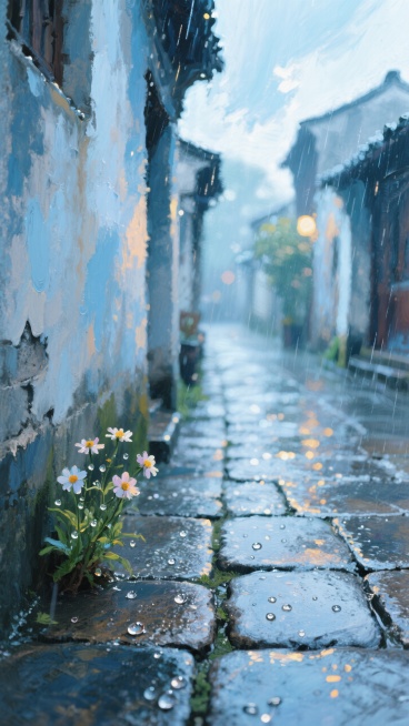 雨后天光洒向老街，青石板泛着海盐蓝光泽，墙角小花悄然绽放预览效果