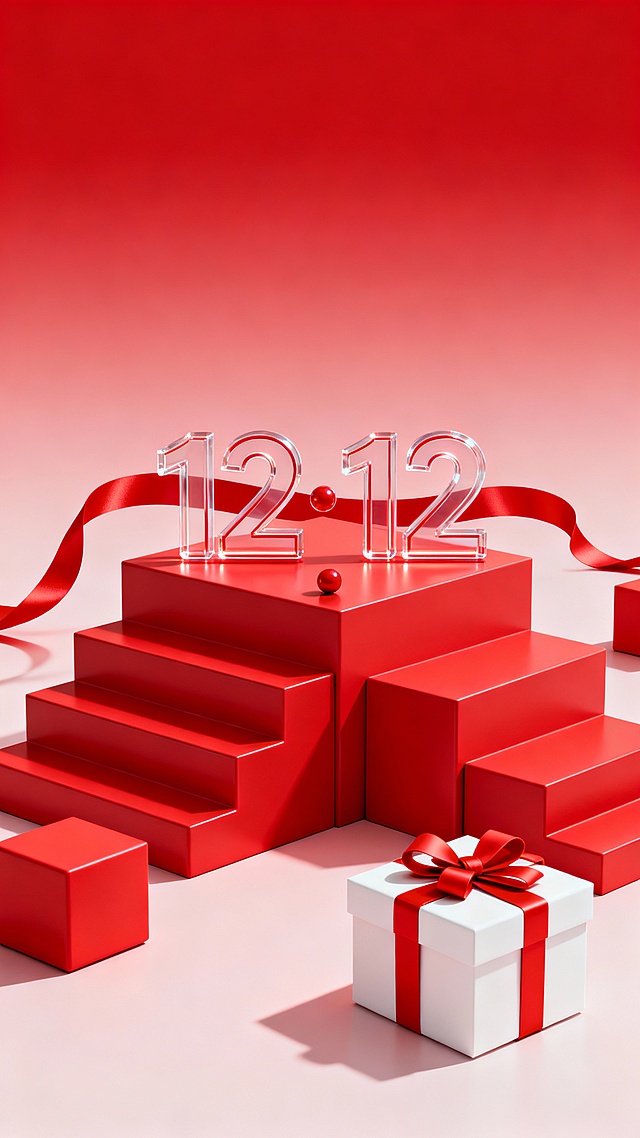 3D渲染风格电商促销海报，整体采用红色渐变背景，从顶部深红色平滑过渡到下方浅红色，营造出明亮欢快的促销氛围。画面中央是由多个红色台阶式立方体堆叠而成的展示台，立方体表面光滑有光泽，呈现出哑光质感。展示台顶部放置着透明亚克力材质的“12·12”立体数字，数字边缘有细微的红色光晕效果，数字下方有一个红色小圆球作为点缀。一条红色丝带从左侧延伸至右侧，优雅地环绕在展示台后方，丝带末端自然垂落。展示台周围散落着几个红色礼盒，其中一个白色礼盒带有红色蝴蝶结和红色丝带，礼盒表面有清晰的阴影细节，体现出柔和的顶部光源照射效果。整体构图采用对称美学，视觉焦点集中在中央的“12·12”数字上，通过大小和位置突出主题，传达出浓厚的双十二电商促销感，画面简洁明了，信息传达效率高。